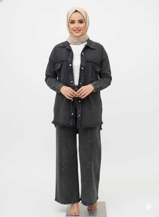 Trendy Denim Jacket & Matching Wide Leg Trousers