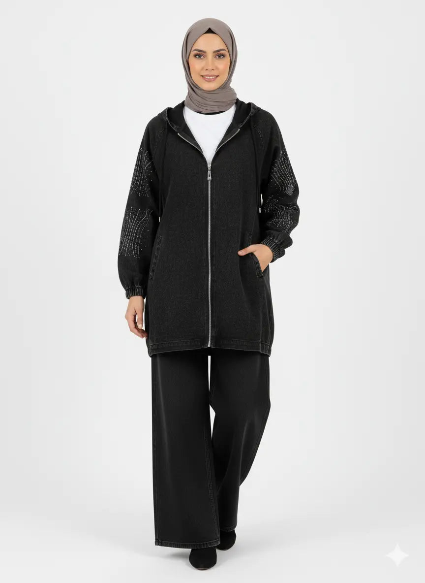 Denim Co-ord with Wide Leg Trousers & Hooded Jacket