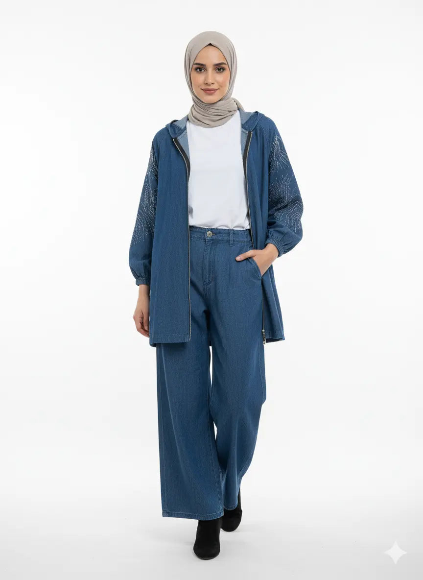 Denim Co-ord with Wide Leg Trousers & Hooded Jacket