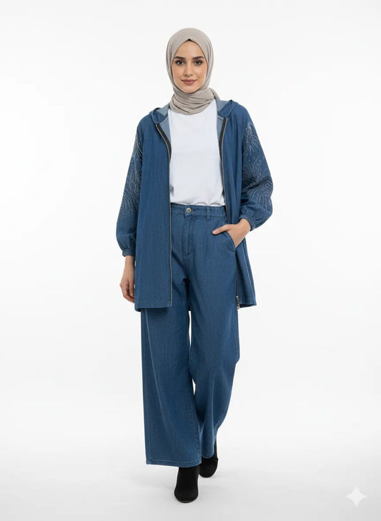 Denim Co-ord with Wide Leg Trousers & Hooded Jacket