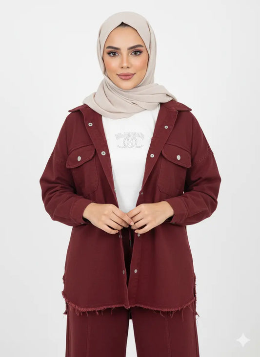 Frayed Hem Shacket & Wide-Leg Trousers Set