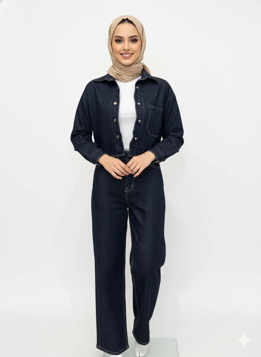 Dark Wash Denim Shirt & Wide-Leg Jeans Set